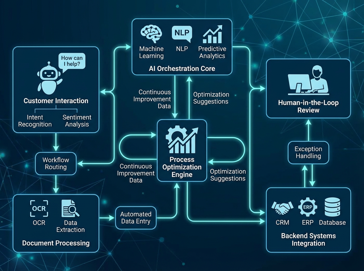AI deployment architecture and workflow orchestration map showing integration of AI systems with business processes, human oversight, and governance controls