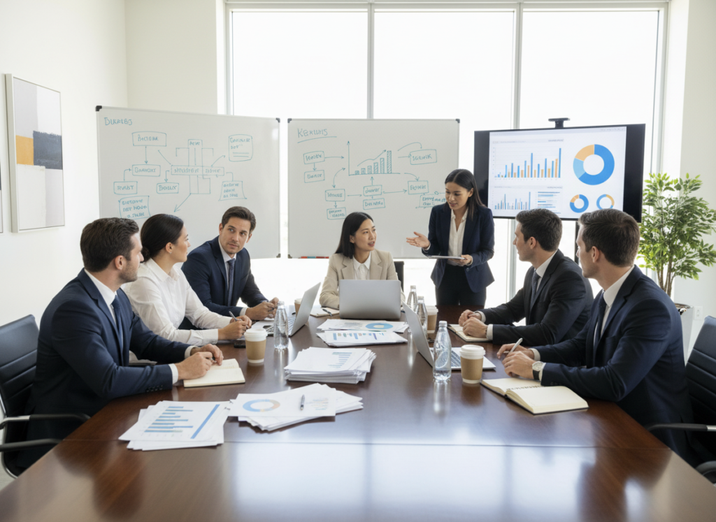 Team planning with charts, representing context and decision inputs.