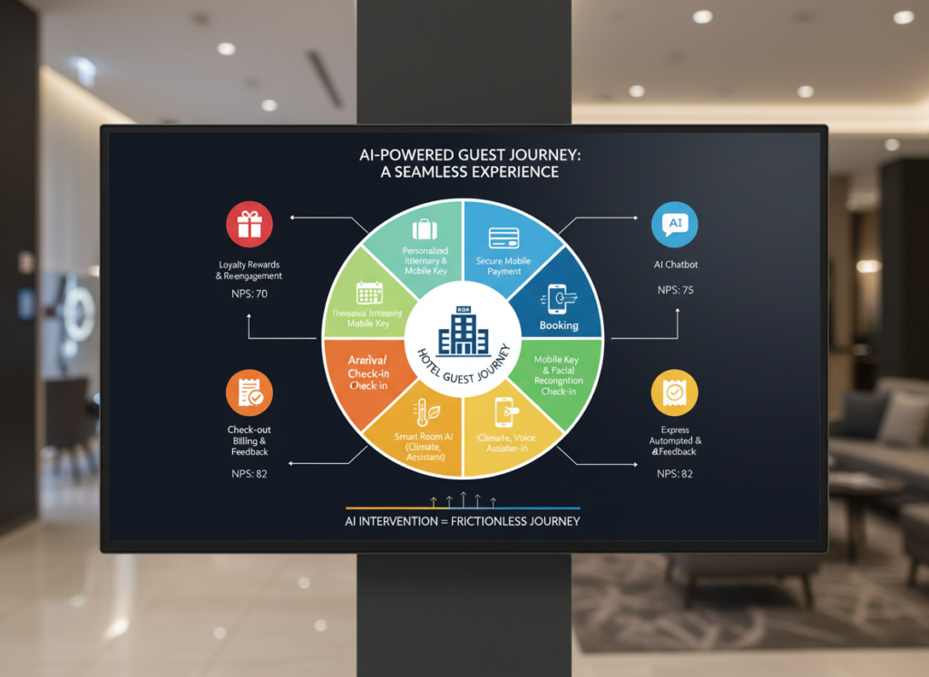 AI-powered guest experience journey map showing friction removal touchpoints and improved satisfaction outcomes.