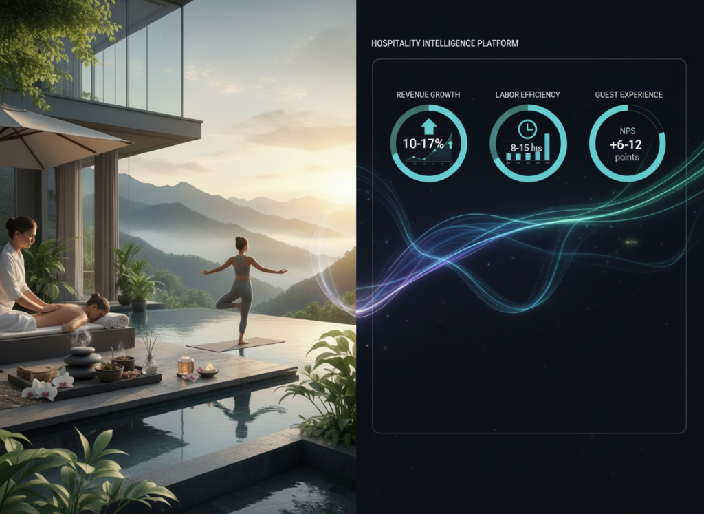 Key metrics dashboard showing three core ROI pillars: revenue growth 10–17%, labor efficiency 8–15 hours saved per employee per week, and guest experience NPS +6 to +12.