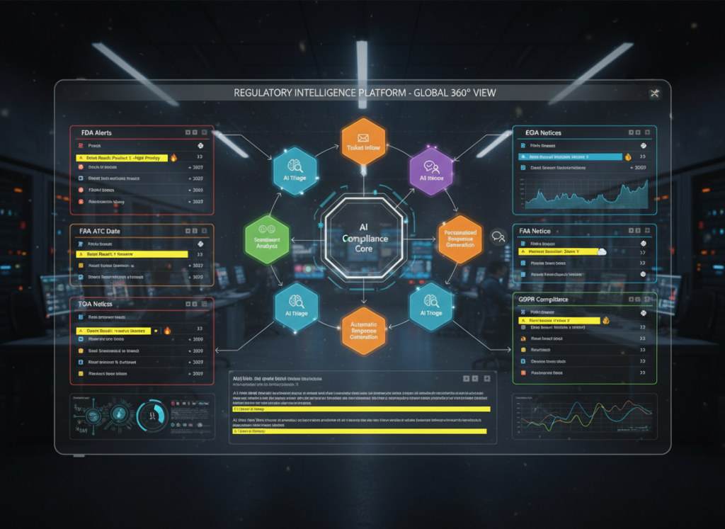 Regulatory monitoring dashboard showing multi-agency alerts