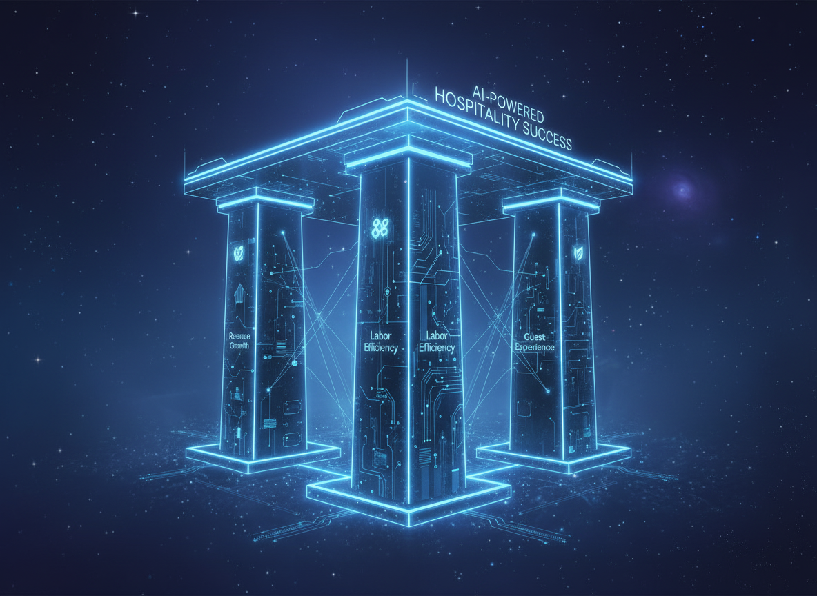 Three pillar AI ROI visualization showing revenue growth labor efficiency and guest experience optimization in hospitality