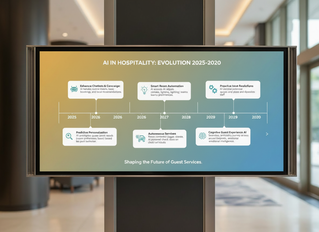 Timeline infographic showing the AI adoption curve in hospitality from 2025 to 2030.