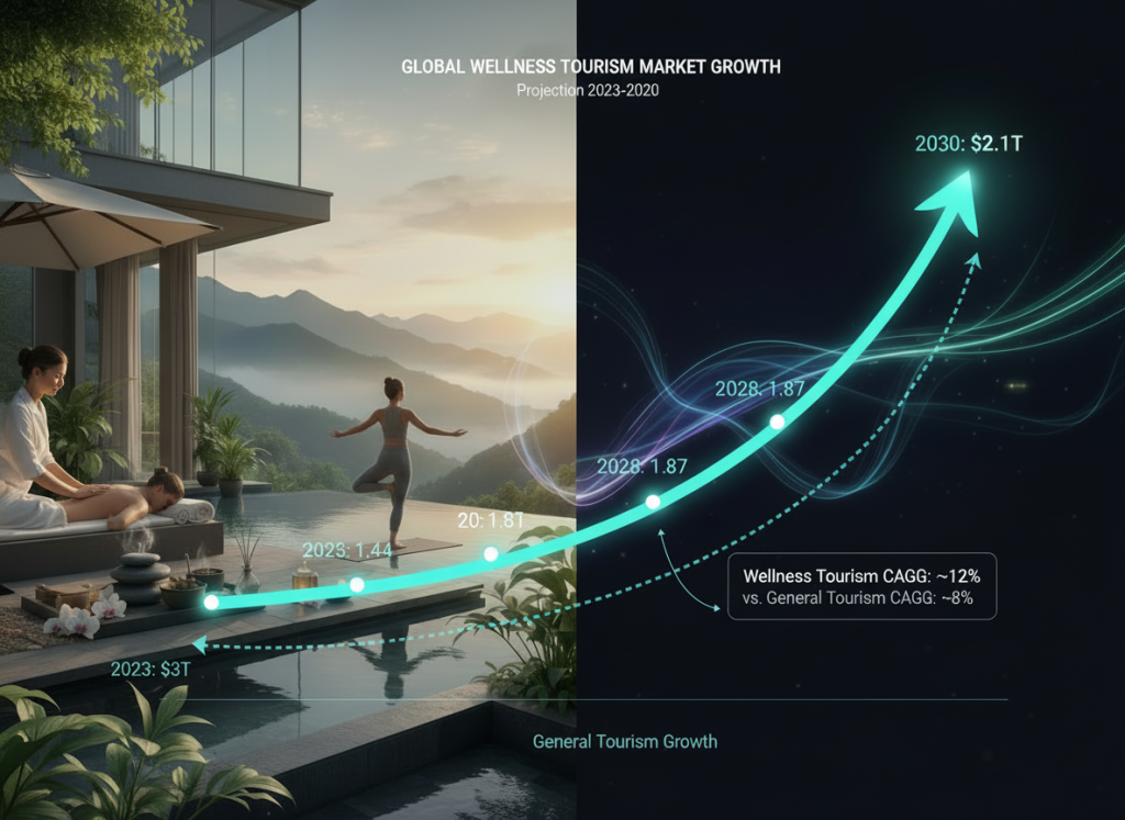 Wellness tourism growth chart from $1T in 2023 to projected $2.1T by 2030.