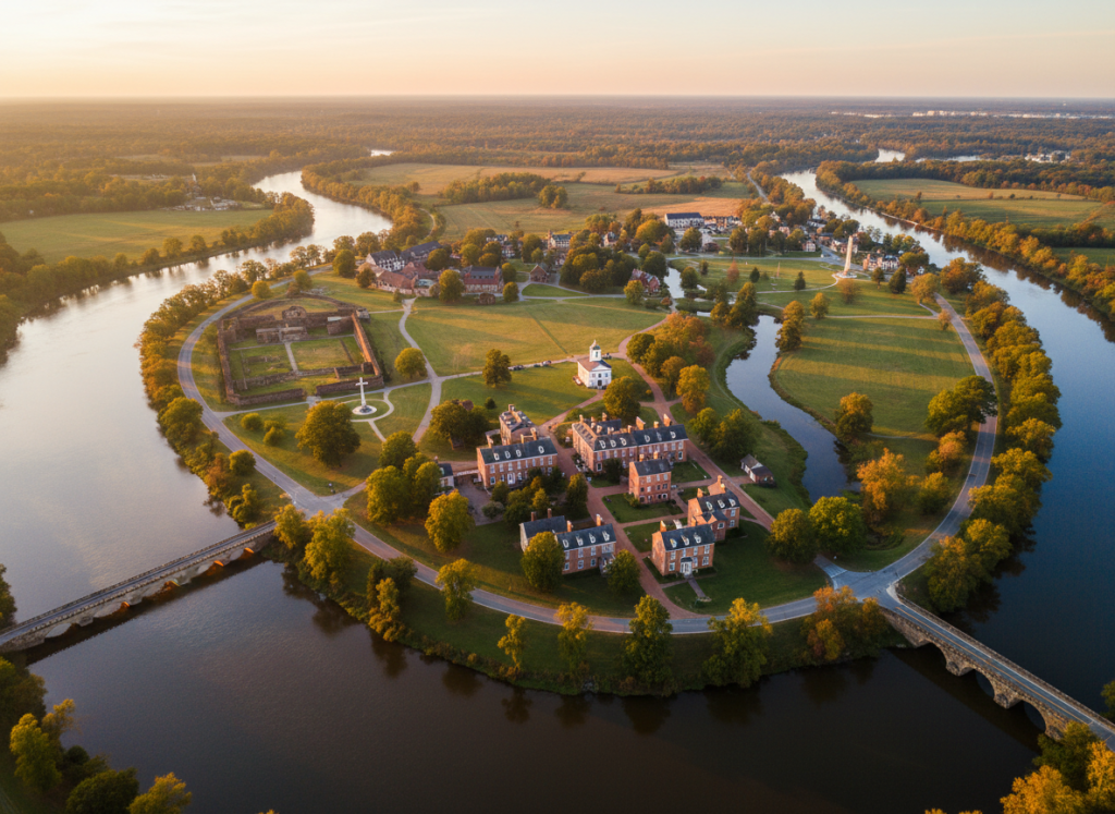 Aerial view of the Historic Triangle showing Colonial Williamsburg, York River, James River, and the Colonial Parkway
