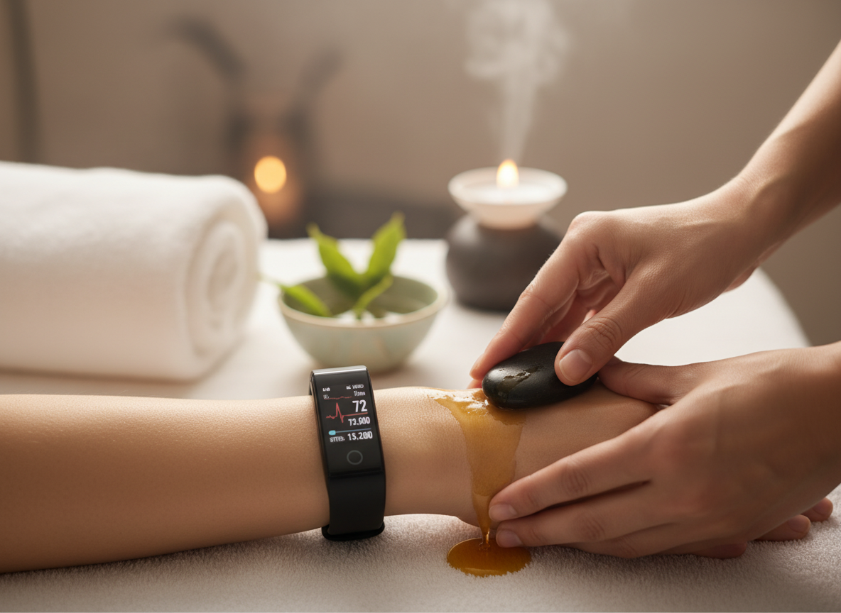 AI-driven wellness experience showing guest wearing wearable fitness tracker during spa treatment with biometric data integration for personalized care