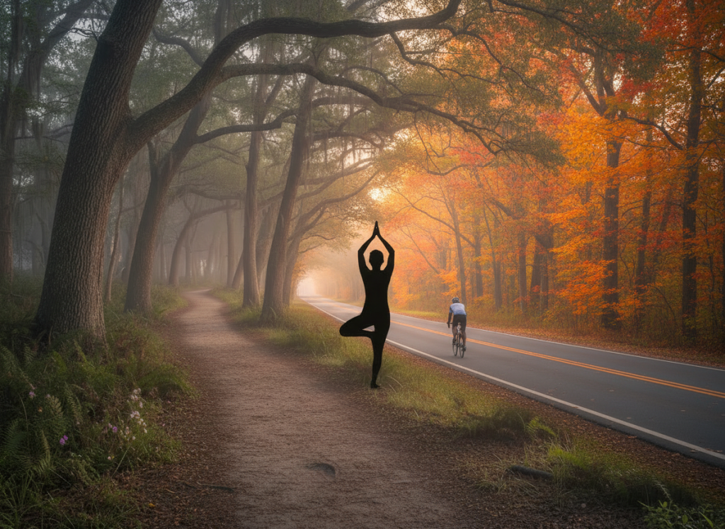 cycling on colonial parkway through tunnel of autumn trees, dappled light on pavement 909833