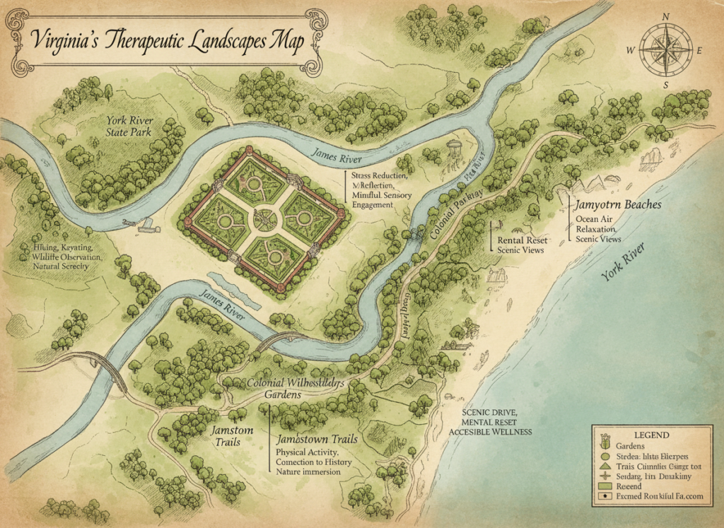 detailed map showing therapeutic landscapes—colonial williamsburg gardens, jamestown 633693
