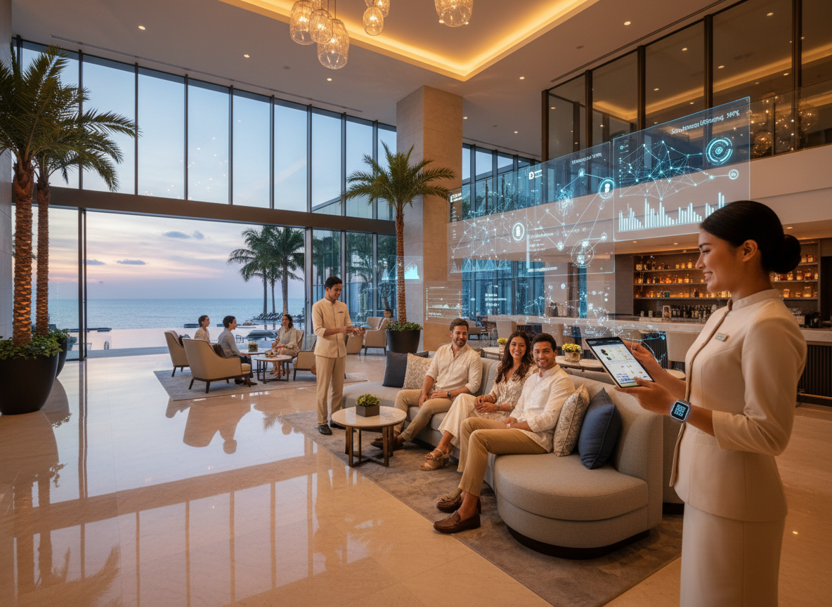 Human-centered hospitality AI system showing luxury resort operational intelligence, workforce coordination, guest experience optimization, predictive staffing, and AI-driven hospitality workflows