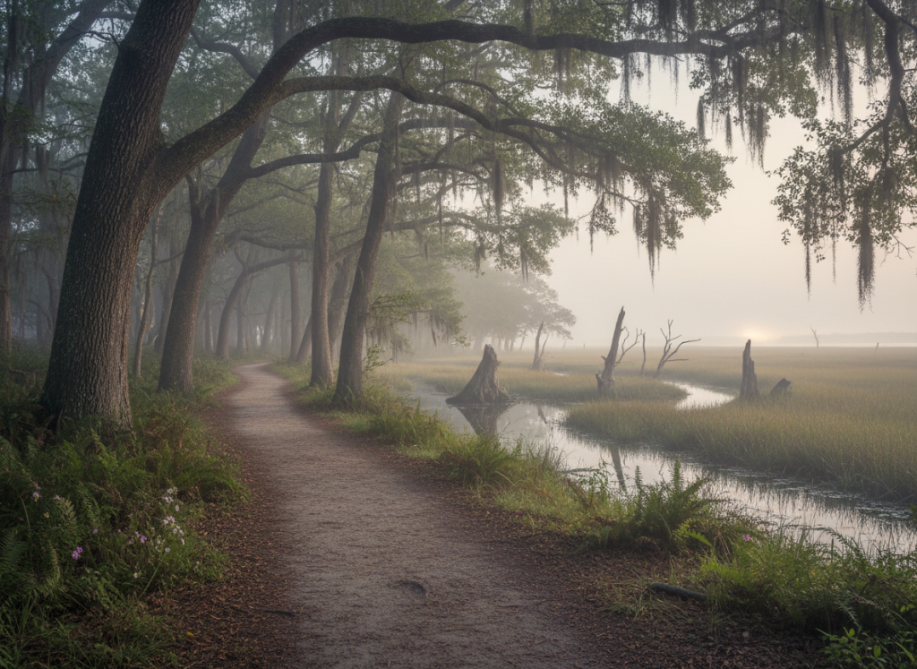 misty morning on jamestown island trail through old growth forest meeting tidal marsh 21153