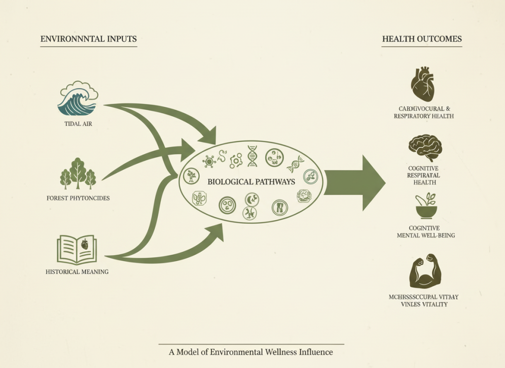 scientific diagram showing environmental inputs (tidal air, forest phytoncides, histo 322493 (1)
