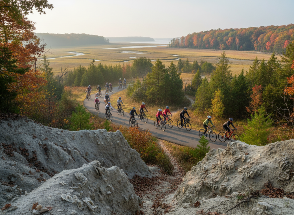 wide shot of colonial trail near williamsburg showing numerous cyclists of various a 309167