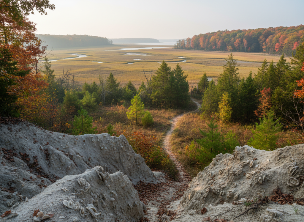 york river state park showing rare marl ravines with fossils, tidal marsh, and forest 102421