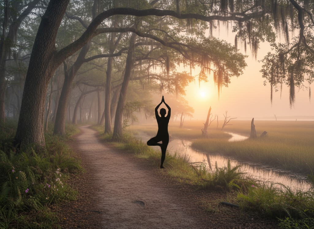 yorktown beach at sunrise with york river, person in yoga pose silhouetted against da 339748