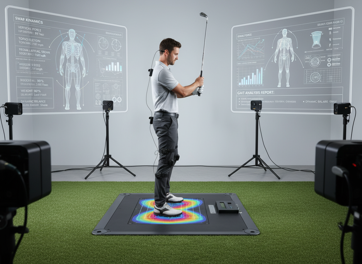 Golfer undergoing gait analysis using motion capture, pressure plate mapping, and sensor-based tracking for biomechanics.