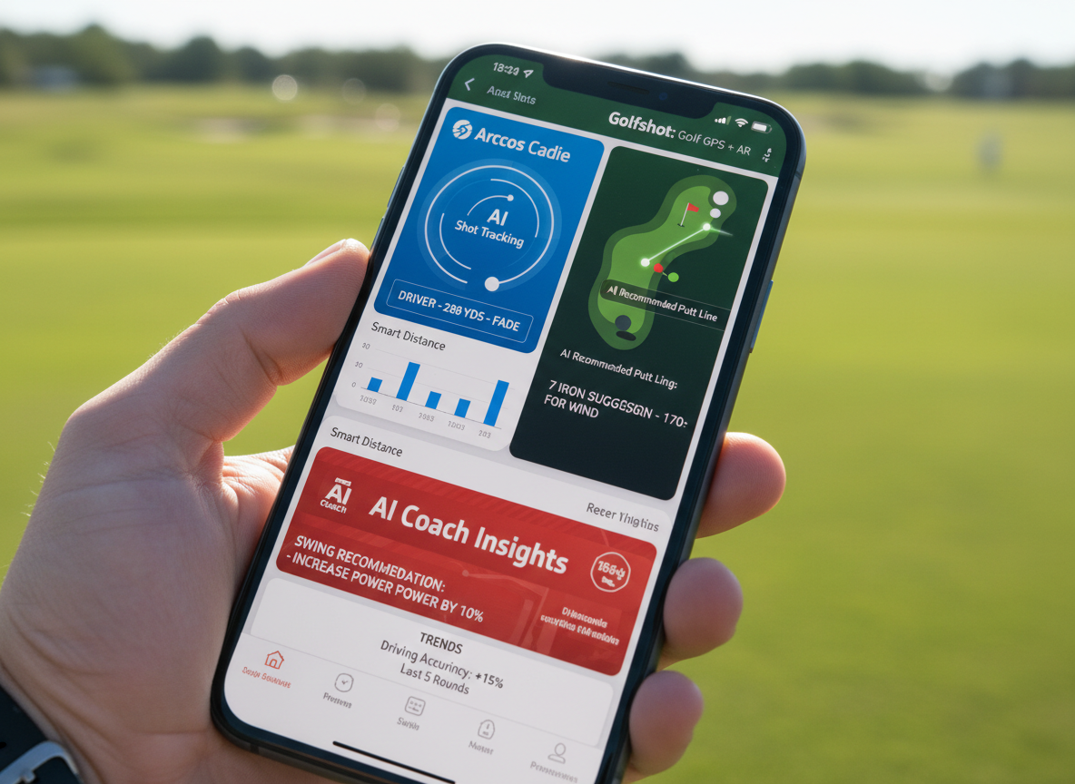 Smartphone displaying golf apps with AI features, shot tracking analytics, GPS, and AI coaching insights.