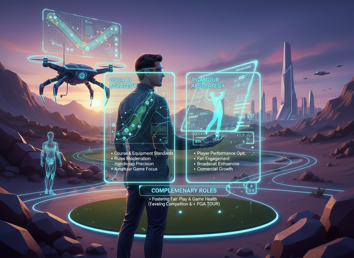Infographic comparing USGA and PGA TOUR AI strategies, showing complementary roles in governance, rules, and fan engagement.
