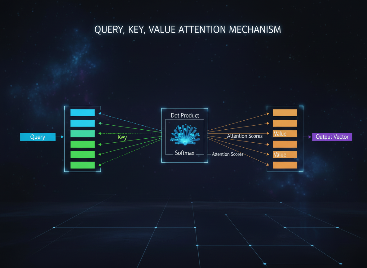Self-attention mechanism diagram showing query, key, and value vectors calculating attention scores in transformer models and large language models