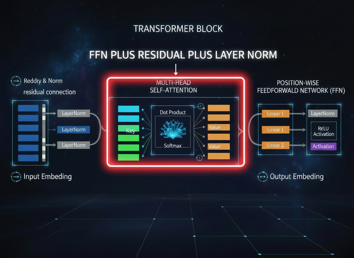 Transformer architecture diagram showing self-attention, parallel processing, residual connections, layer normalization, and feedforward networks in large language models