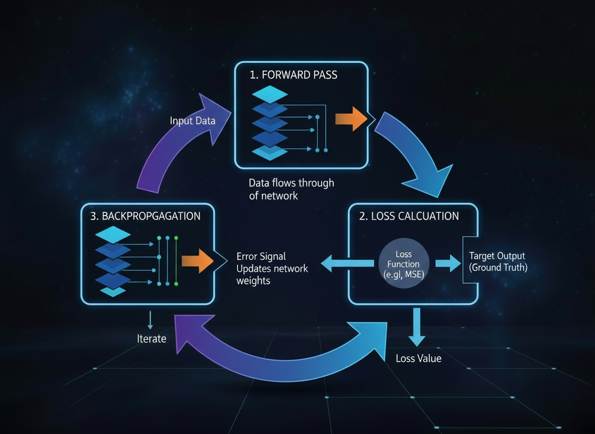 AI model training loop showing forward pass, loss function calculation, backpropagation, and gradient descent optimization in neural networks