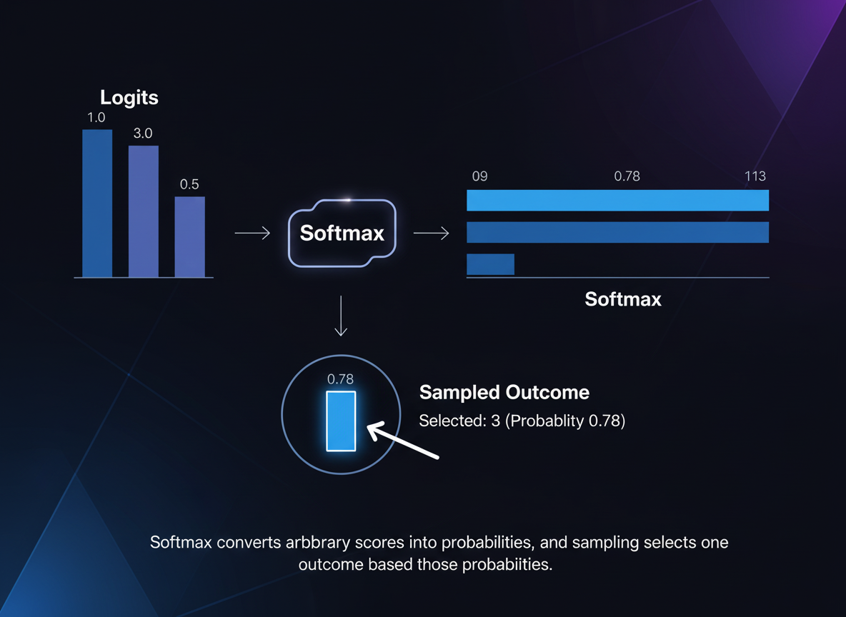 Softmax probability distribution and token sampling process in large language models showing probabilistic output generation