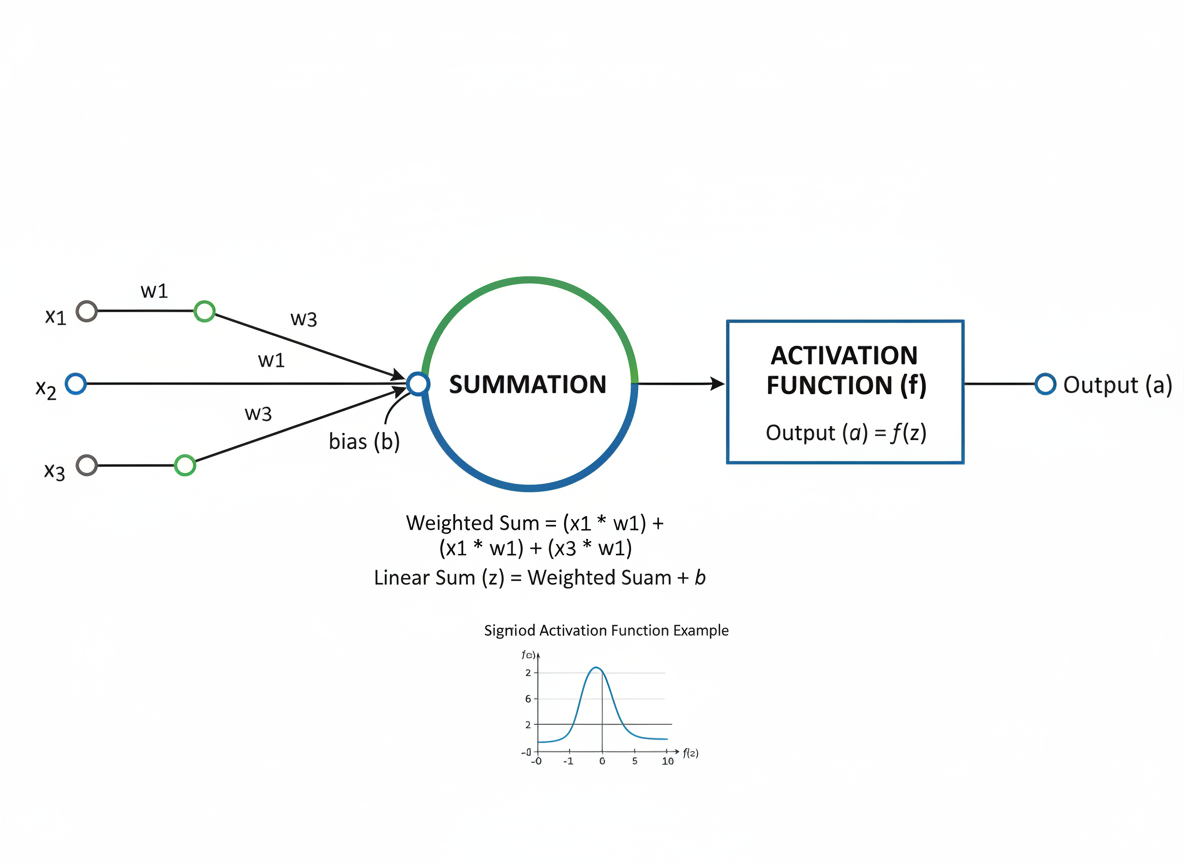 Artificial neuron diagram showing inputs, weights, bias, summation, activation function, and output in a neural network