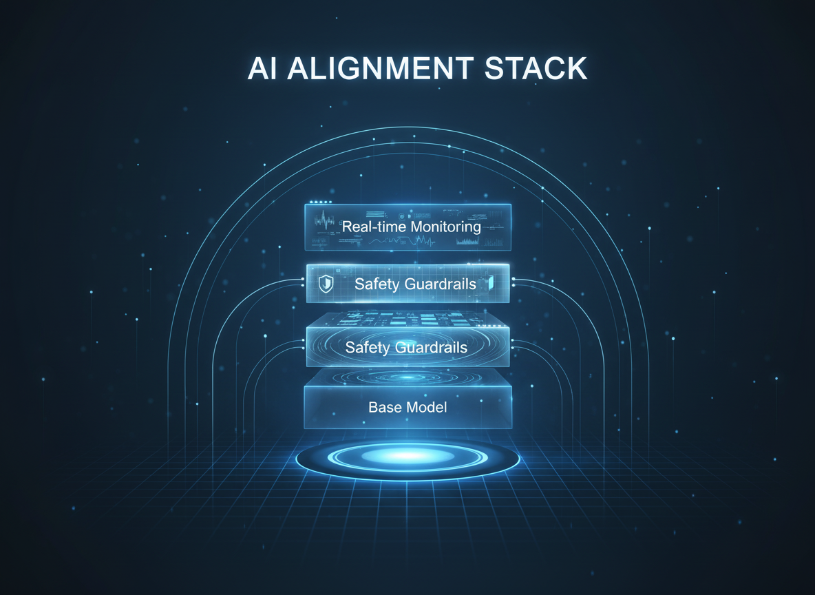 AI alignment stack diagram showing base model, safety guardrails, policy layers, runtime monitoring, and governance controls for reliable artificial intelligence systems