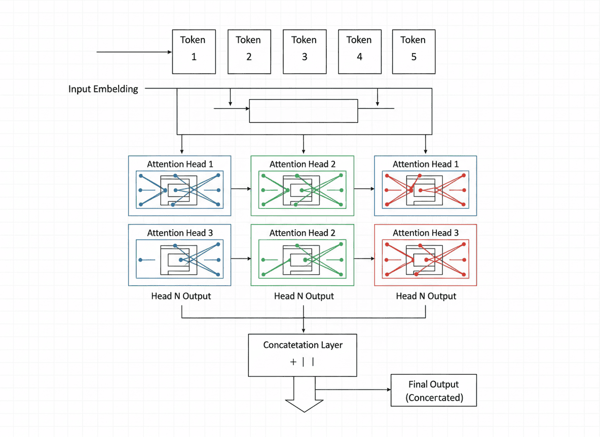 Transformer self-attention and multi-head attention diagram showing query key value projections, attention scores, parallel heads, concatenation, and output projection in a deep learning model