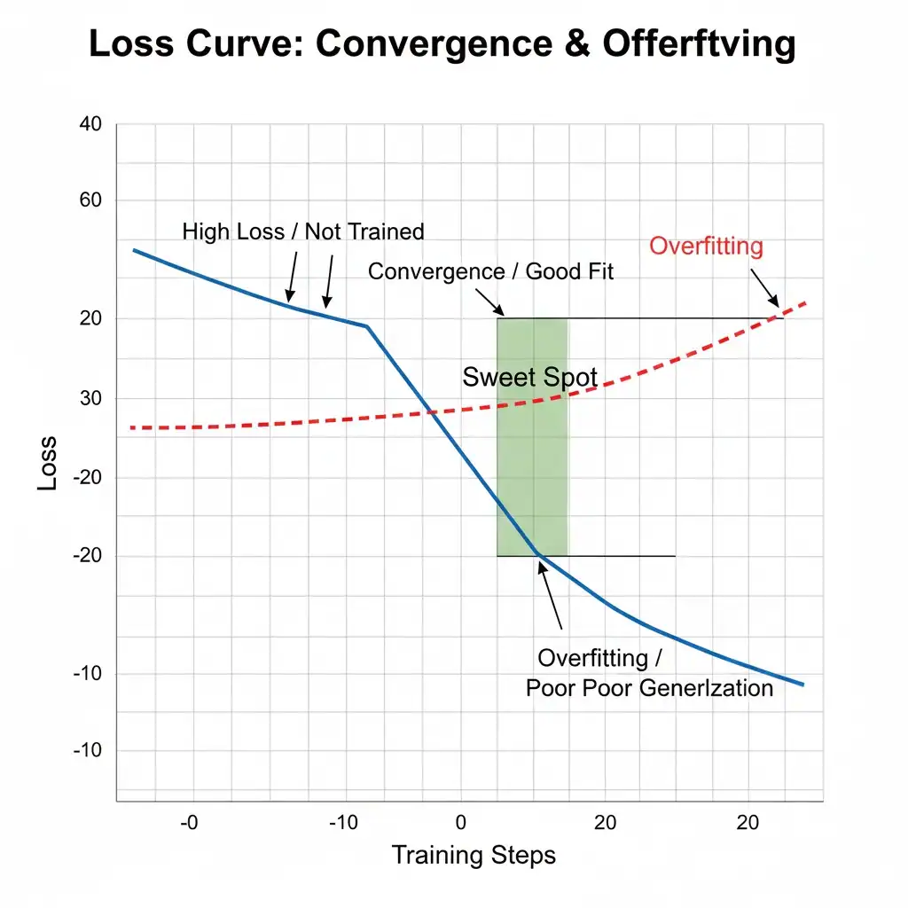 Machine learning loss curve showing training loss, validation loss, convergence, generalization, and overfitting across training steps