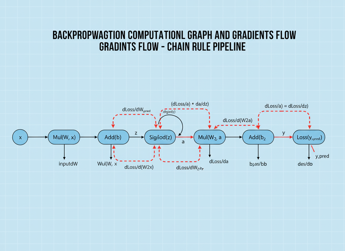 Backpropagation computational graph showing forward pass, loss calculation, gradient flow, and chain rule optimization in a neural network