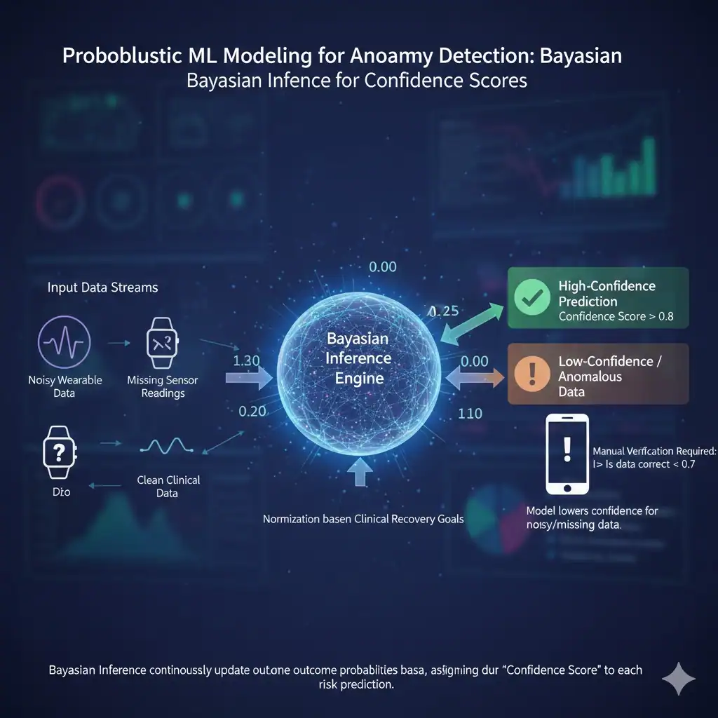 Bayesian inference diagram showing probabilistic modeling, uncertainty quantification, and confidence scoring in artificial intelligence systems