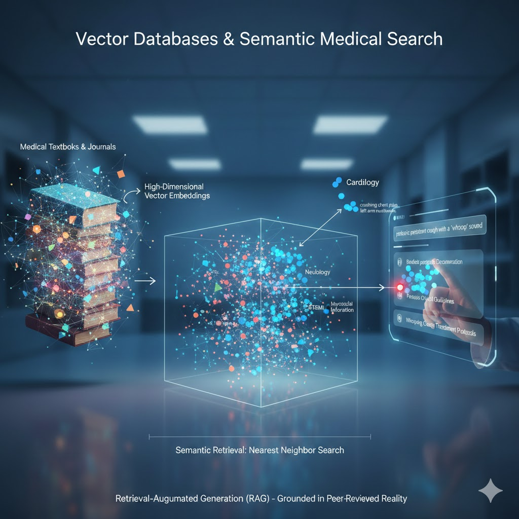 Vector database and semantic medical search architecture showing clinical literature transformed into vector embeddings for nearest-neighbor retrieval in RAG healthcare AI systems