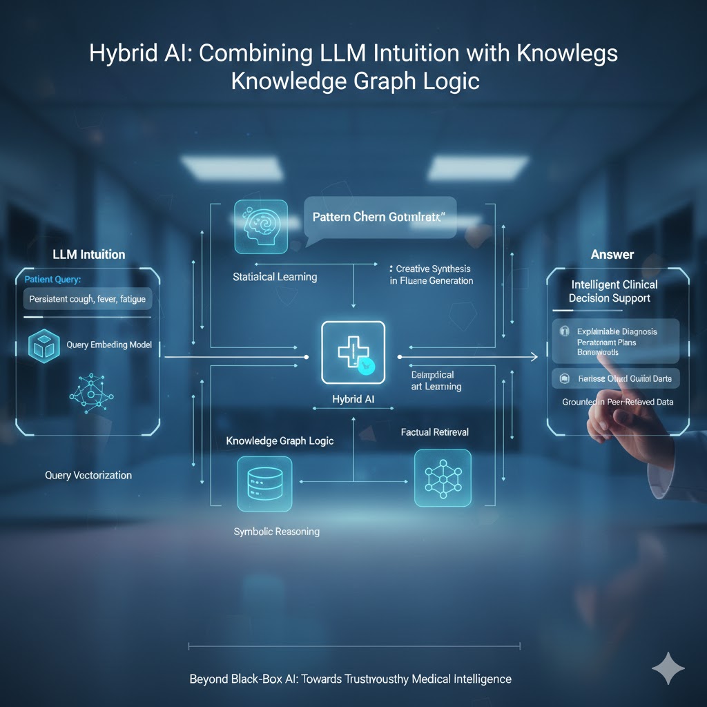 Hybrid AI architecture combining large language model reasoning with symbolic knowledge graph logic to validate clinical recommendations, detect conflicts, and support explainable medical decision support