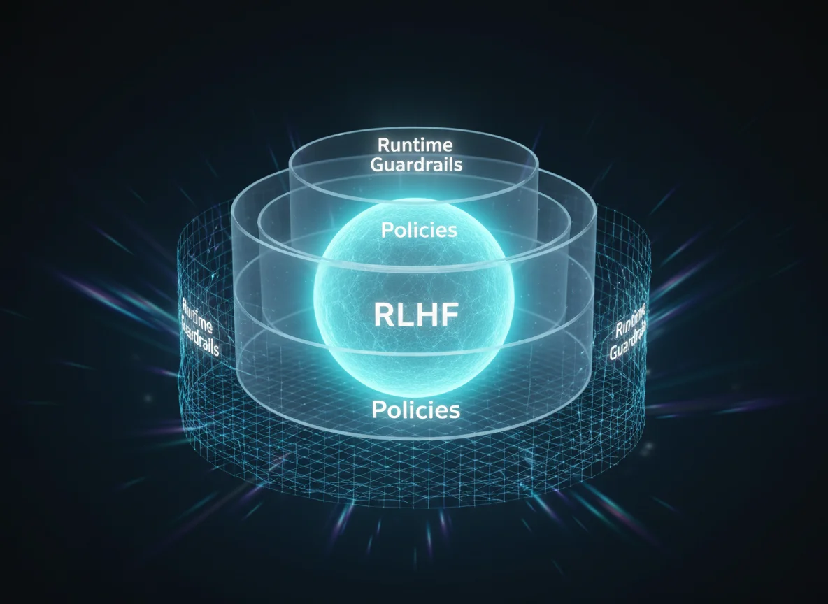 AI safety and alignment architecture showing reinforcement learning from human feedback, policy constraints, runtime guardrails, monitoring, and human oversight for responsible AI systems