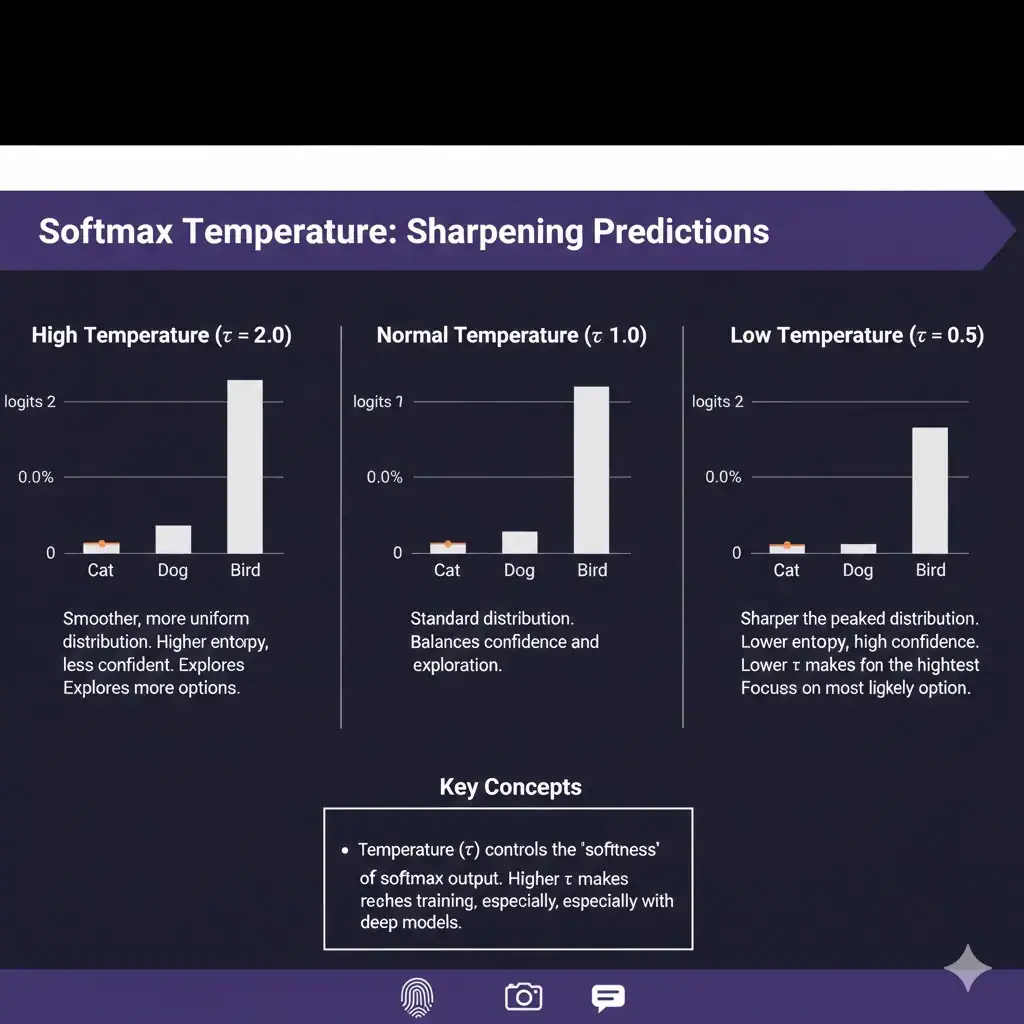 Softmax temperature scaling diagram showing probability distribution sharpening at low temperature and smoothing at high temperature in artificial intelligence models