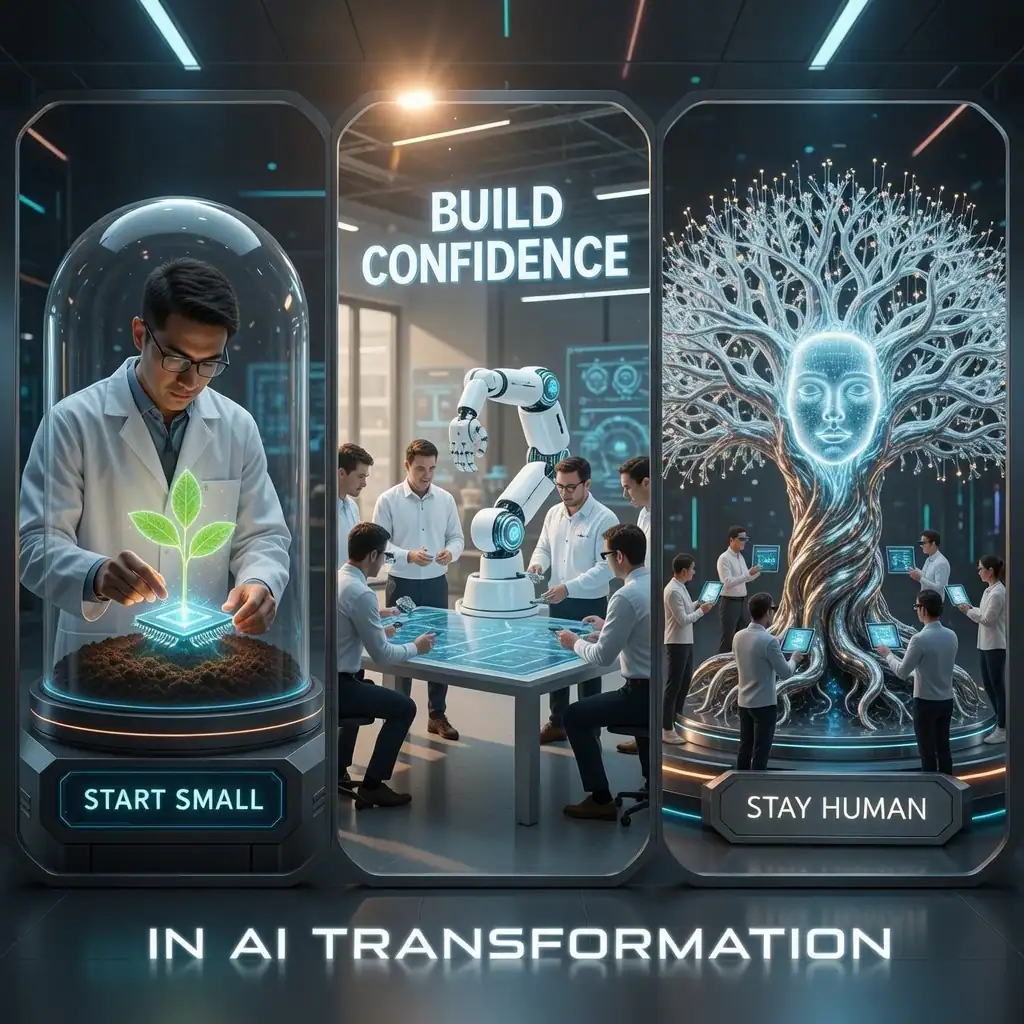 Three-panel illustration showing AI transformation: a scientist nurturing a glowing plant labeled “Start Small,” a team collaborating around a robotic arm labeled “Build Confidence,” and a human-centered AI tree labeled “Stay Human,” with the phrase “In AI Transformation” below.