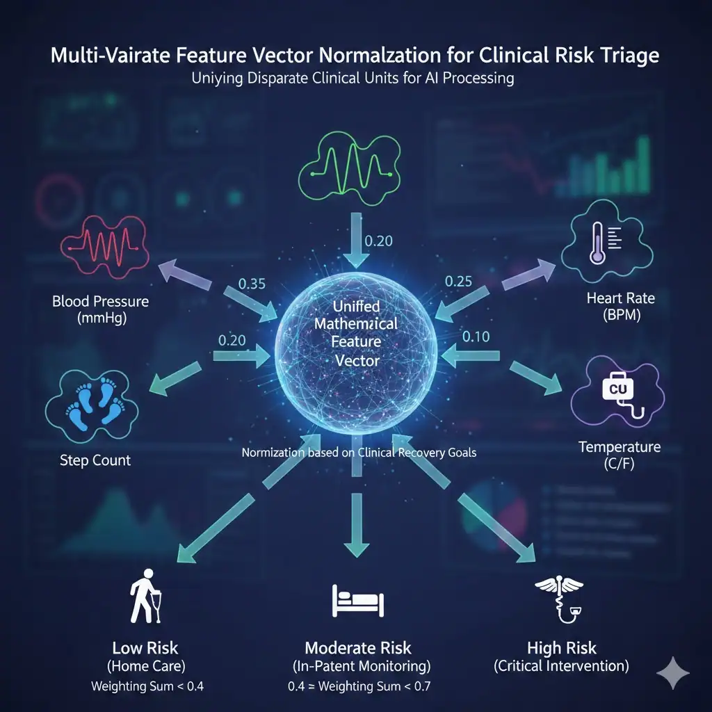 Clinical AI feature engineering diagram showing multivariate normalization of physiological data into a unified feature vector for patient risk stratification