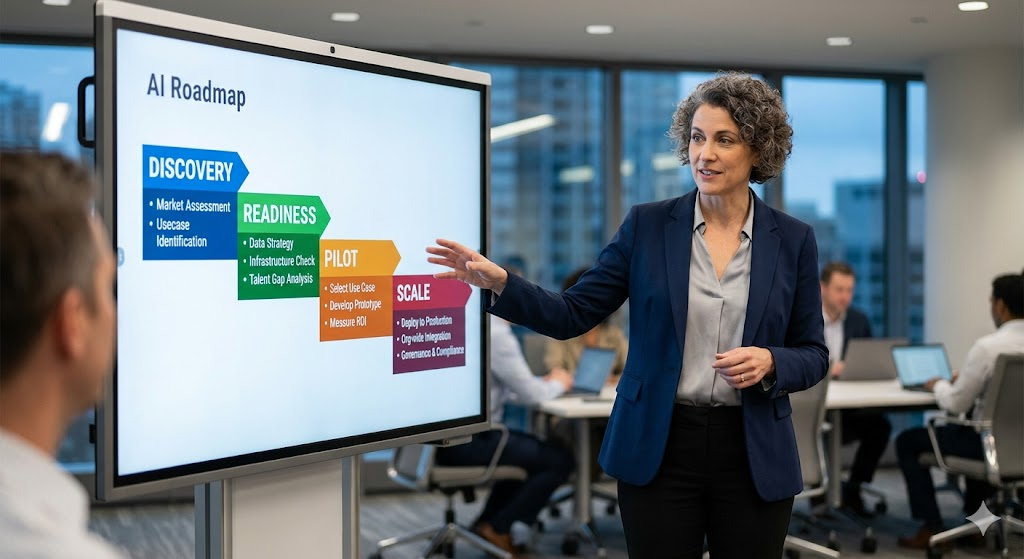 AI strategic roadmap with advisor presenting phased transformation journey
