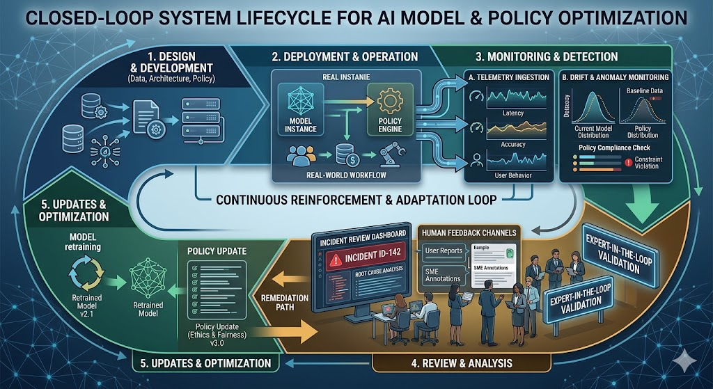 AI monitoring and governance lifecycle showing closed-loop system with telemetry dashboards, drift detection, anomaly detection, human review, and continuous model retraining feedback loop