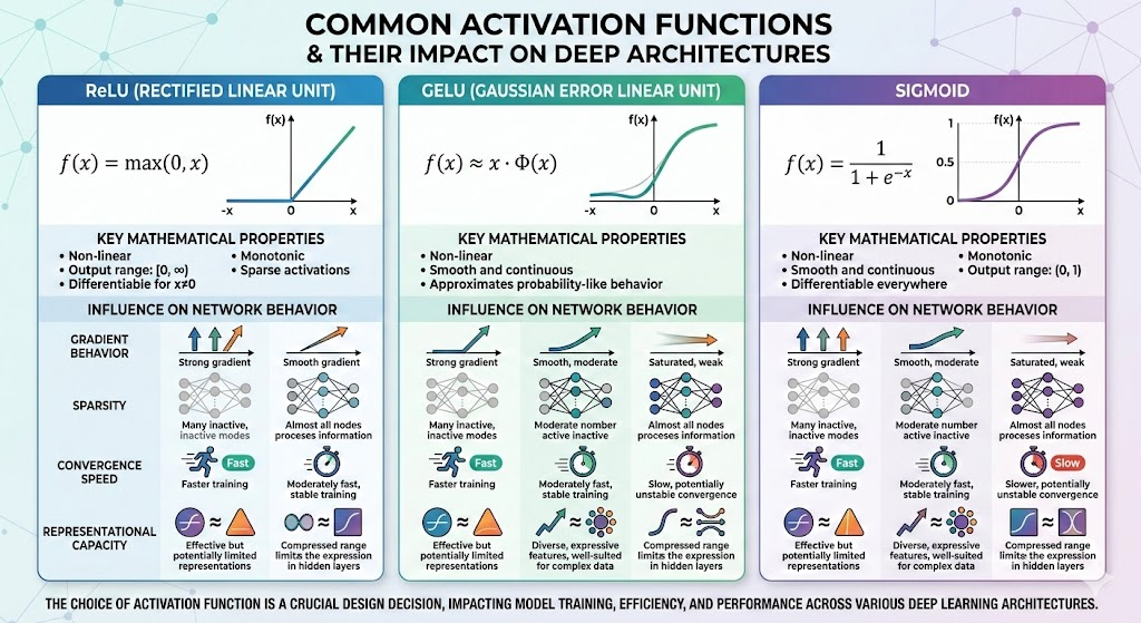 Activation functions in neural networks showing ReLU, Sigmoid, Tanh, and GELU curves and nonlinear behavior in deep learning models