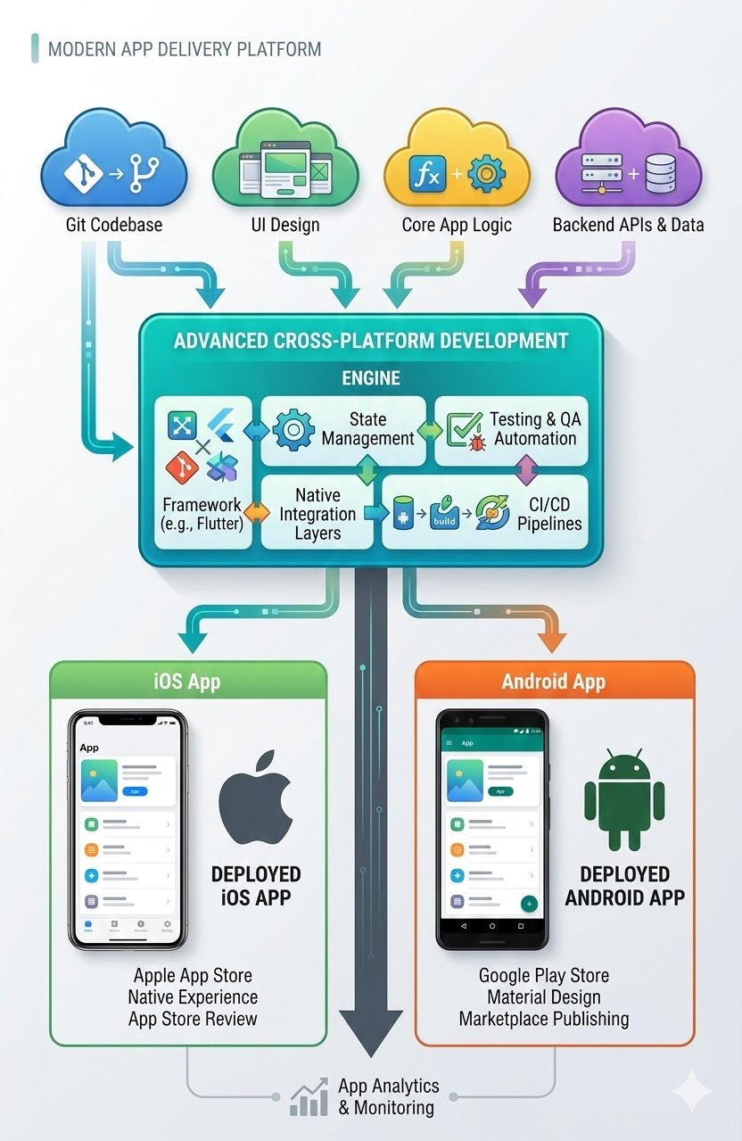 Cross-platform mobile app development model for AI healthcare prostate cancer care iOS Android wearable integration shared codebase and clinical decision support