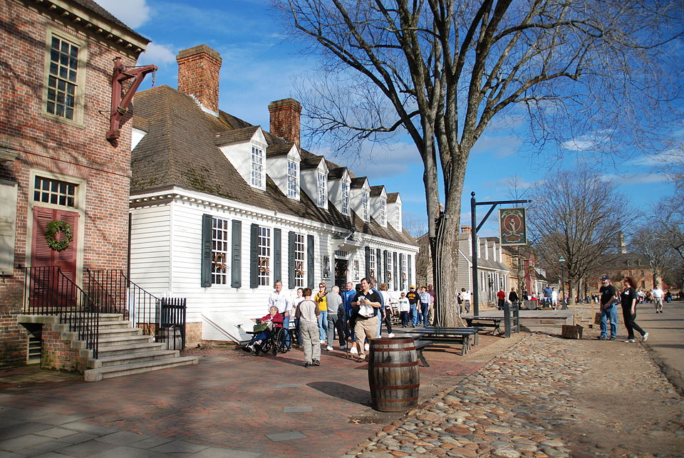 Historic buildings and streetscape of Colonial Williamsburg representing the restored 18th-century capital of Virginia