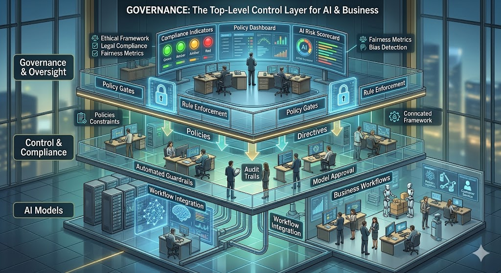 AI governance architecture showing policy layer, compliance controls, ethical constraints, risk thresholds, and enterprise AI decision oversight dashboard