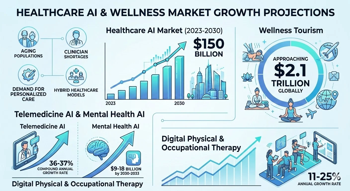 Healthcare AI market growth projections showing telemedicine, mental health AI, and digital health expansion through 2030