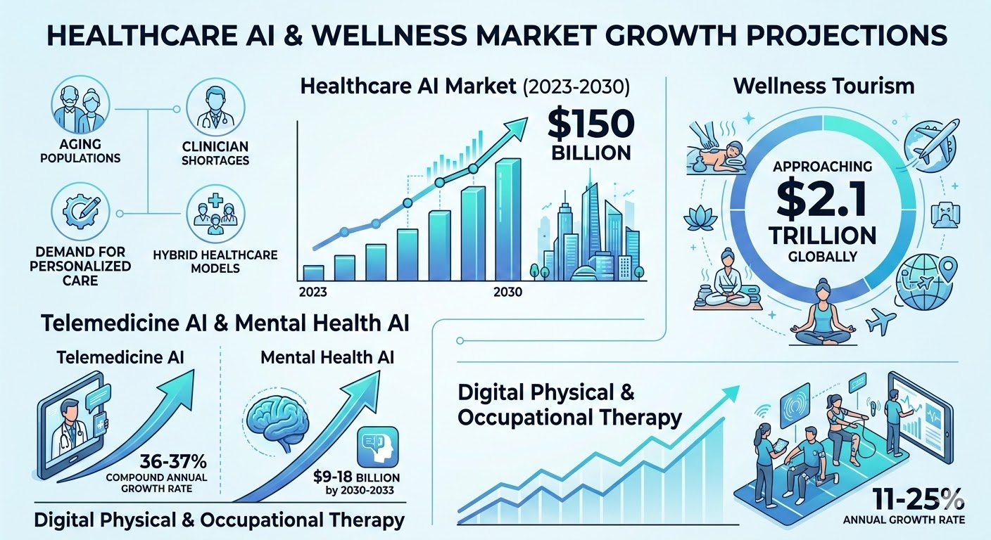 Healthcare AI market growth projections showing telemedicine, mental health AI, and digital health expansion through 2030
