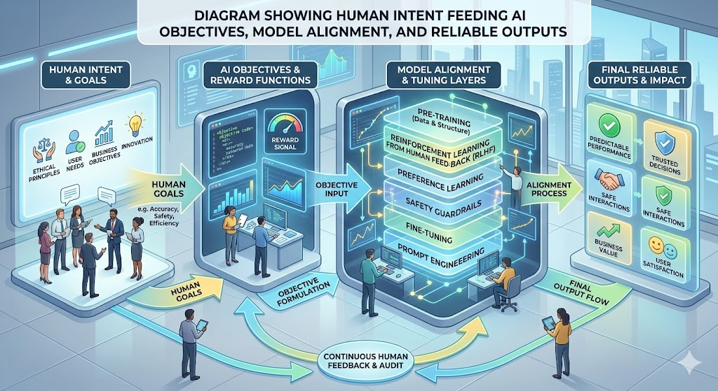 AI alignment architecture showing human intent translated into AI objectives using reinforcement learning, safety constraints, and governance controls to produce reliable outputs