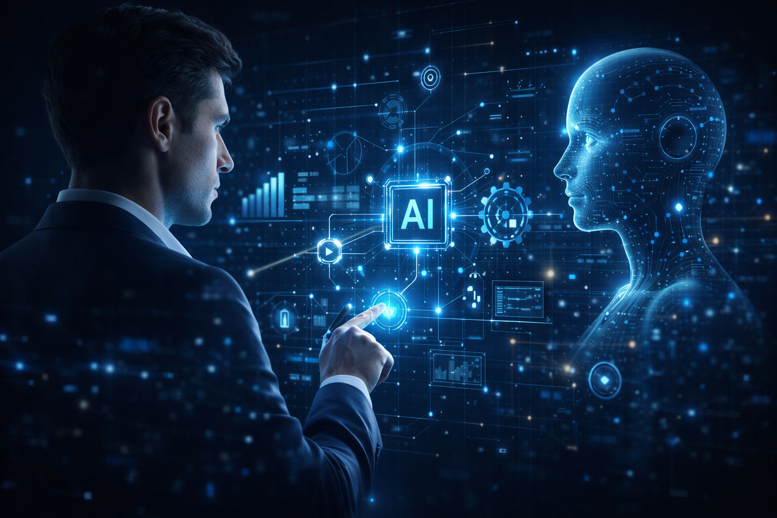 Human collaborating with artificial intelligence interface representing human-centered AI