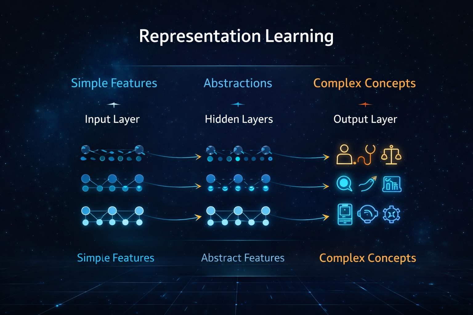 Representation learning diagram showing neural network layers transforming raw inputs into abstract features and meaningful predictions in deep learning models
