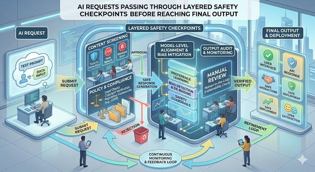 AI runtime safety architecture showing requests passing through layered security, prompt classification, policy enforcement, filtering, confidence scoring, and human escalation pathways