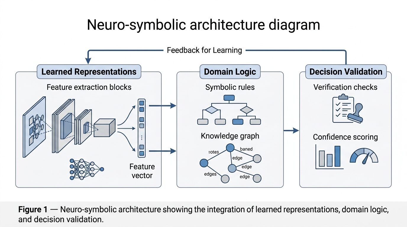 Neuro-symbolic AI architecture showing neural layer, symbolic reasoning layer, integration layer, decision validation, and feedback loop